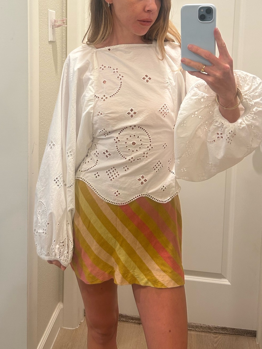 Ganni White Eyelet Puff-Sleeve Blouse - Broderie Anglaise Top - Picture 3 of 7